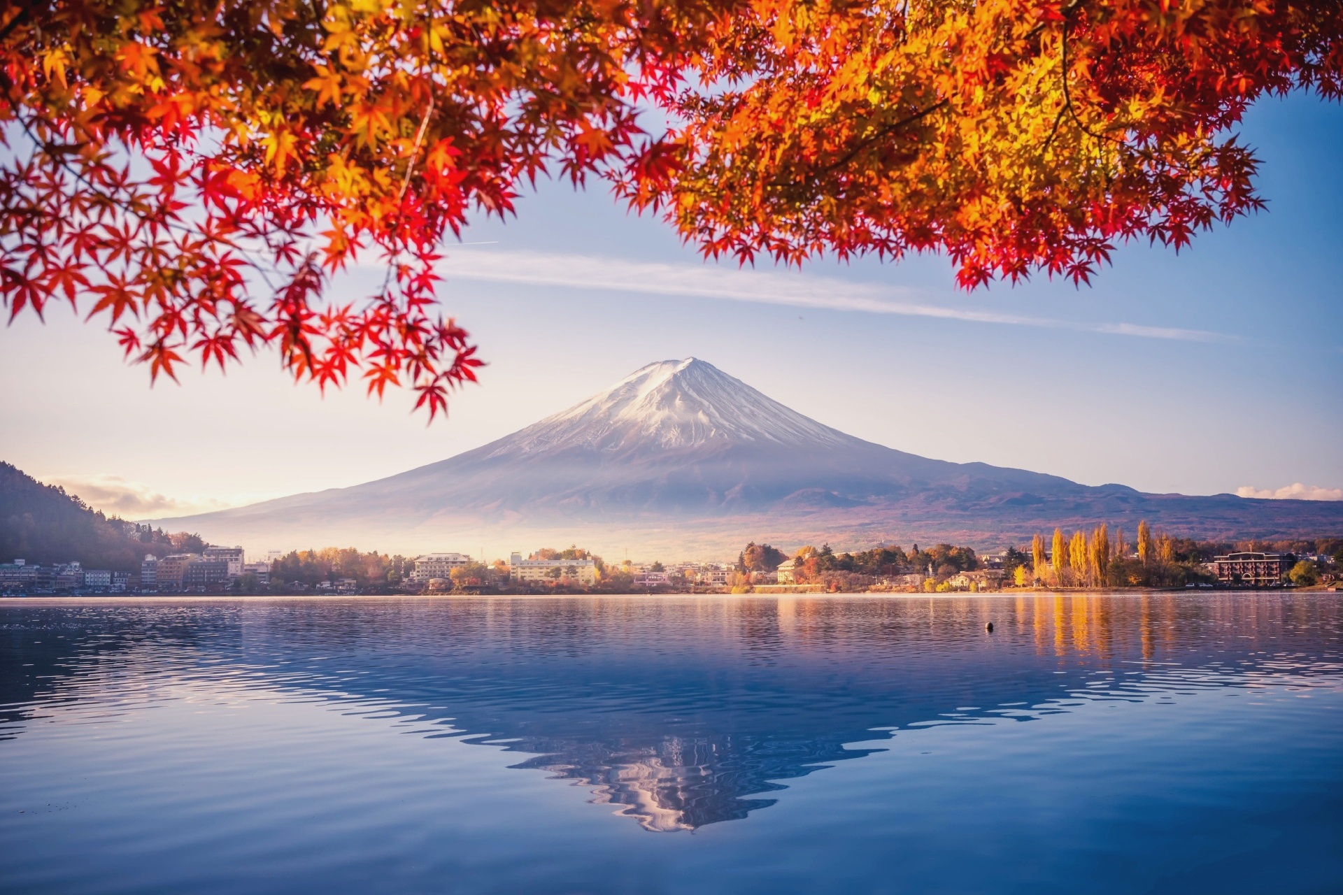 紅葉と富士山　秋の河口湖　山梨の風景