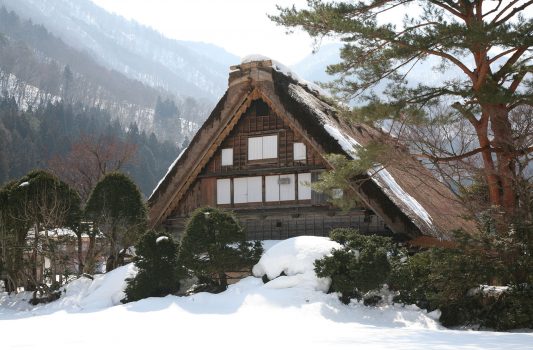 冬の五箇山　雪の合掌造りの家屋　富山の風景
