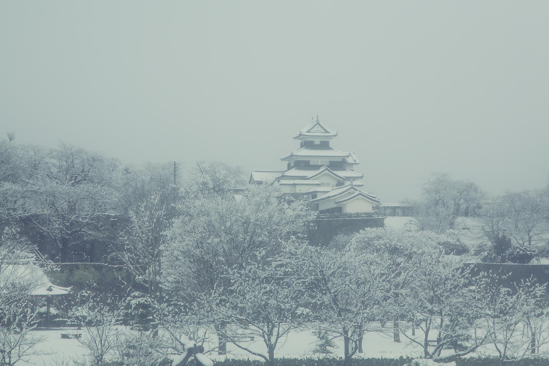 雪の白河小峰城　福島の風景