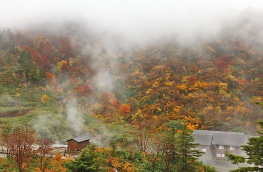 秋の朝の玉川温泉　秋田の風景