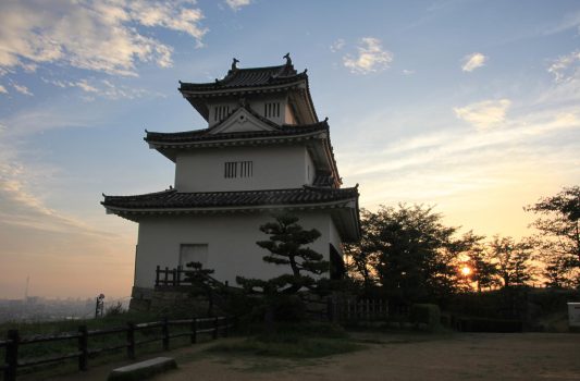 朝日と丸亀城　夏の早朝の風景　香川の風景