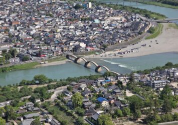 岩国城から見る錦帯橋　山口の風景