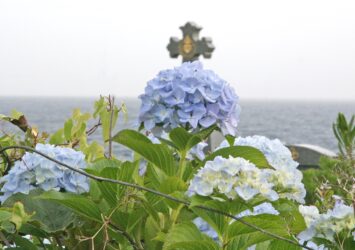 十字架と紫陽花のある風景　福江島　長崎の風景