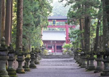 夏の北口本宮冨士浅間神社参道と鳥居　山梨の夏の風景