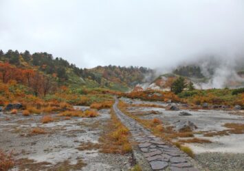 秋の朝の玉川温泉　紅葉風景　秋の秋田の風景