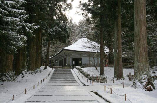 雪の中尊寺金色堂　奥州平泉　冬の岩手の風景