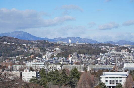 冬の仙台　青葉城（仙台城）本丸から見る仙台の町並みと仙台大観音像　冬の仙台　冬の宮城の風景